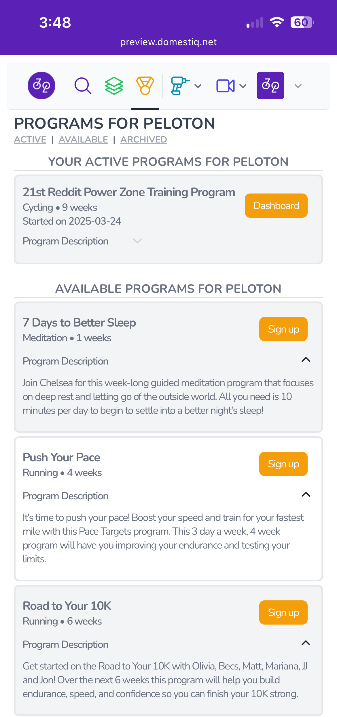 Programs for Peloton - Only on Domestiq